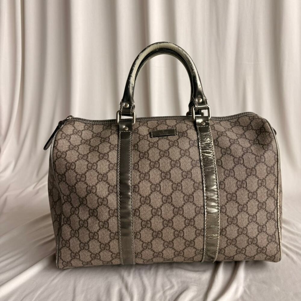 Gucci GG Supreme Joy Boston Bag - Brown Coated Canvas &Metallic Leather Trim